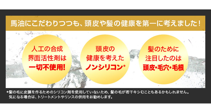人工の合成界面活性剤一切不使用。ノンシリコンシャンプー。頭皮・毛穴・毛根の健康に注目